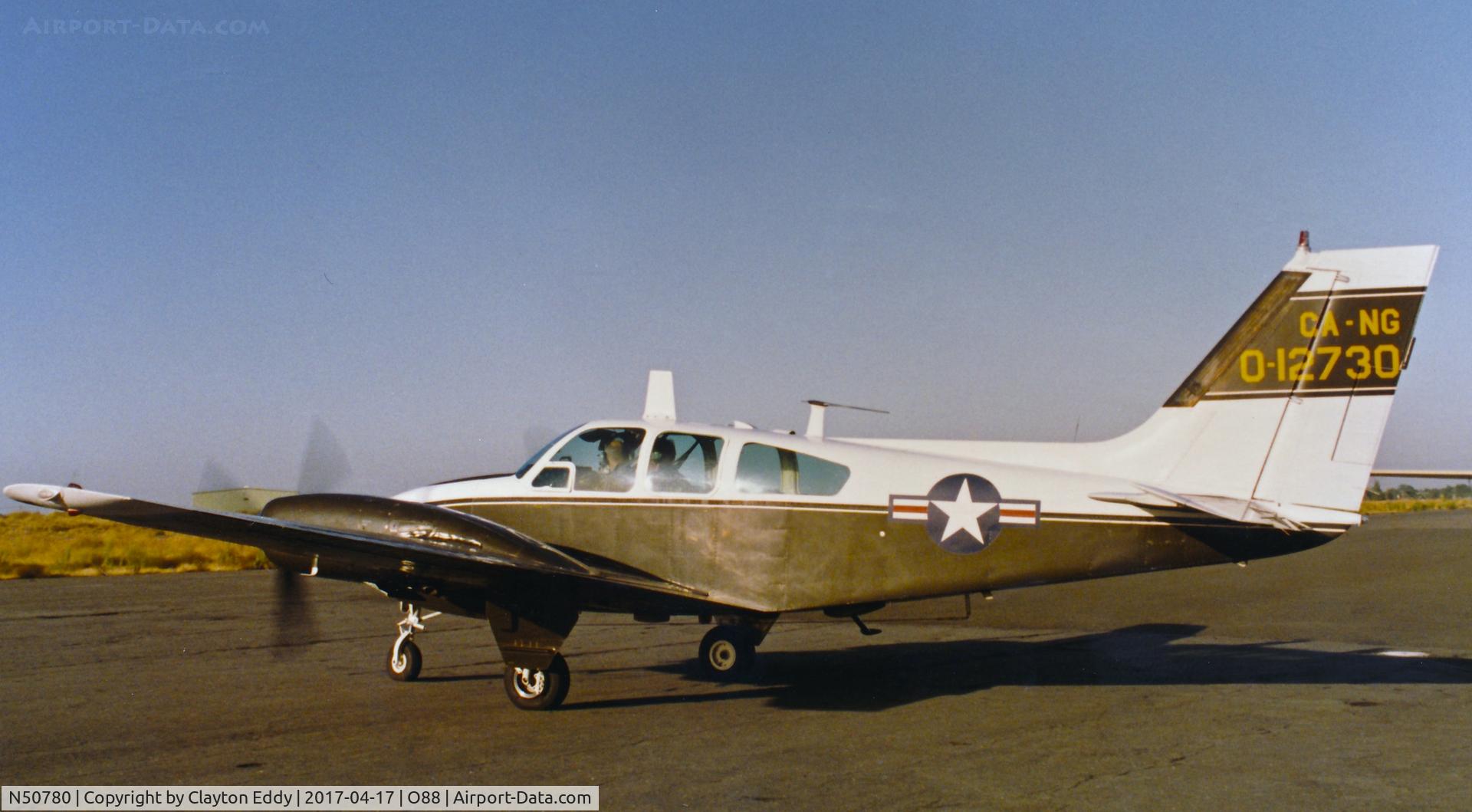 N50780, 1966 Beech B-55 Baron (T-42A) C/N TF-52, Old Rio Vista Airport California 1980's?