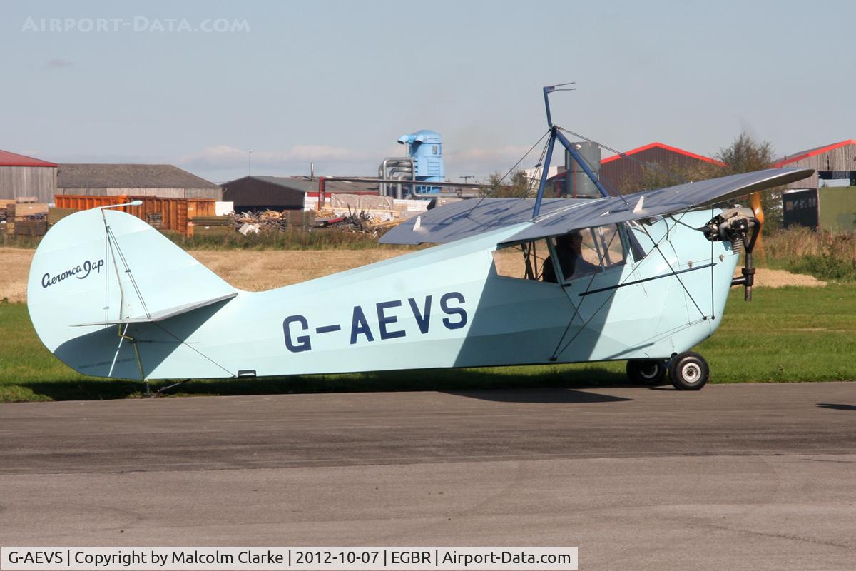 G-AEVS, 1937 Aeronca 100 C/N AB114, Aeronca 100 at Breighton Airfield's Hibernation Fly-In. October 7th 2012.