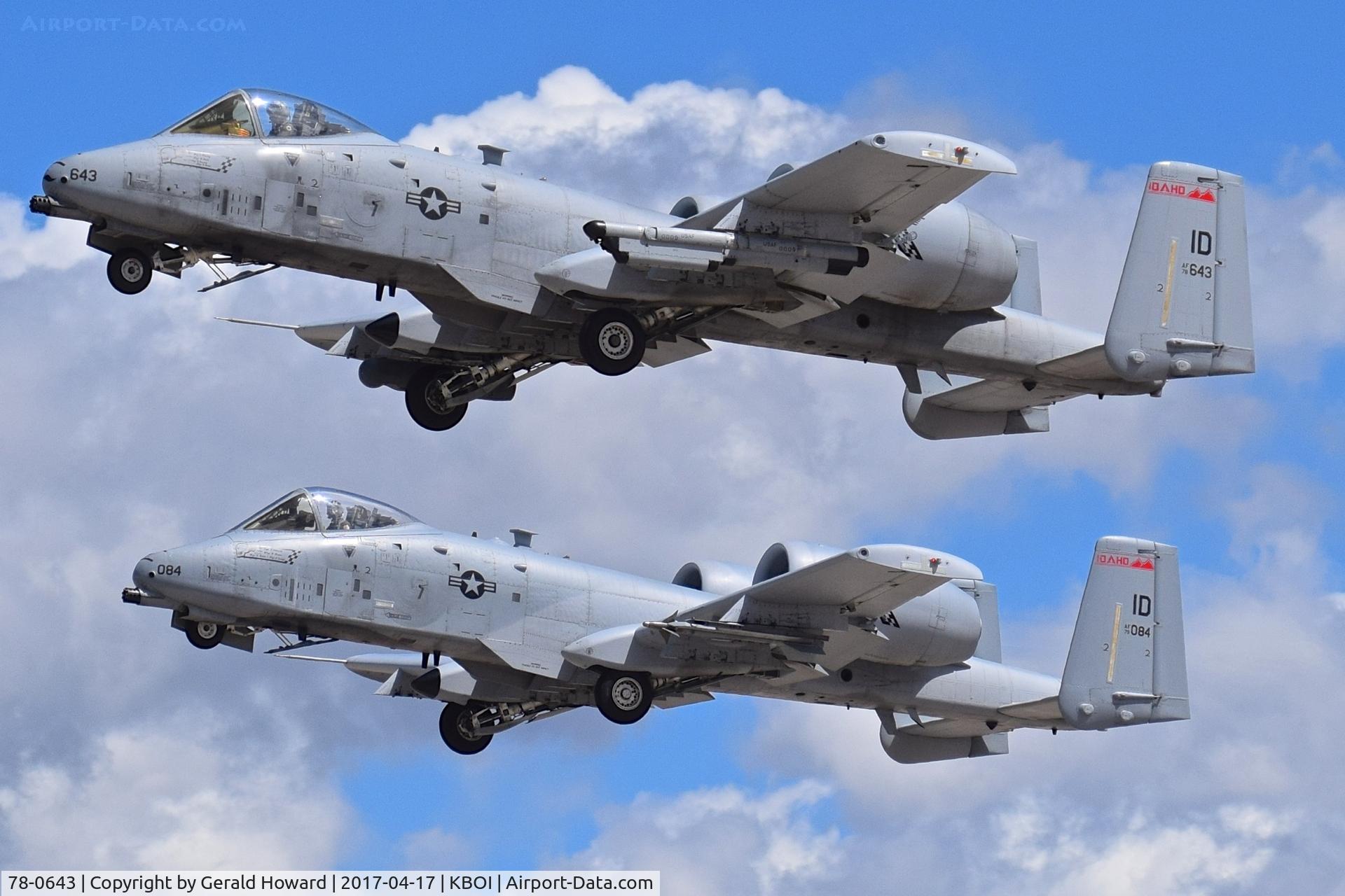 78-0643, 1978 Fairchild Republic A-10C Thunderbolt II C/N A10-0263, Departing RWY 28L with 79-0084  .  190th Fighter Sq., Idaho ANG.