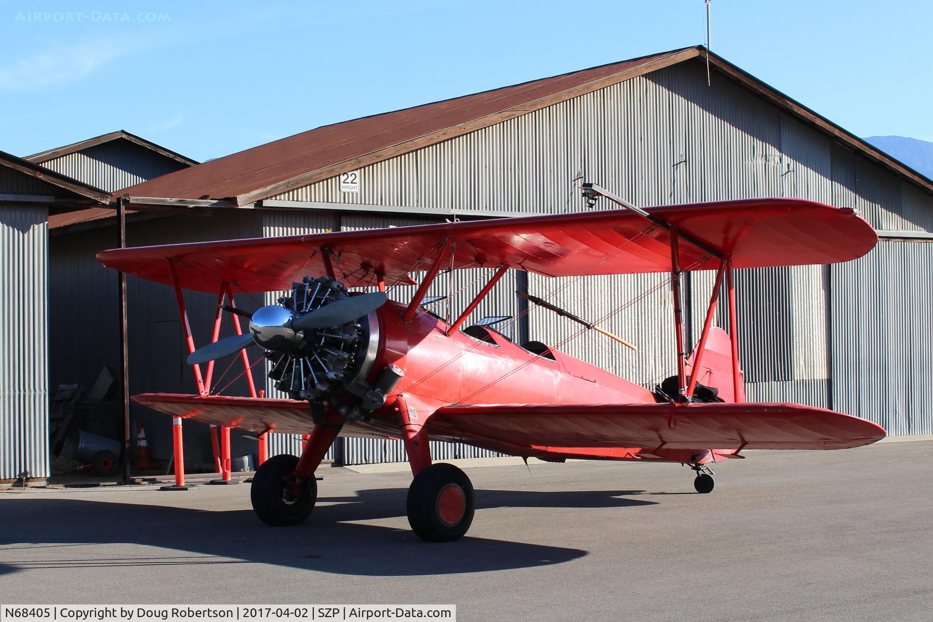 N68405, 1943 Boeing A75N1(PT17) C/N 75-7759, 1943 Boeing Stearman A75N1 (PT-17), P&W R-985 Wasp Jr. 450 Hp upgrade. Note left upper wing-mounted camera.