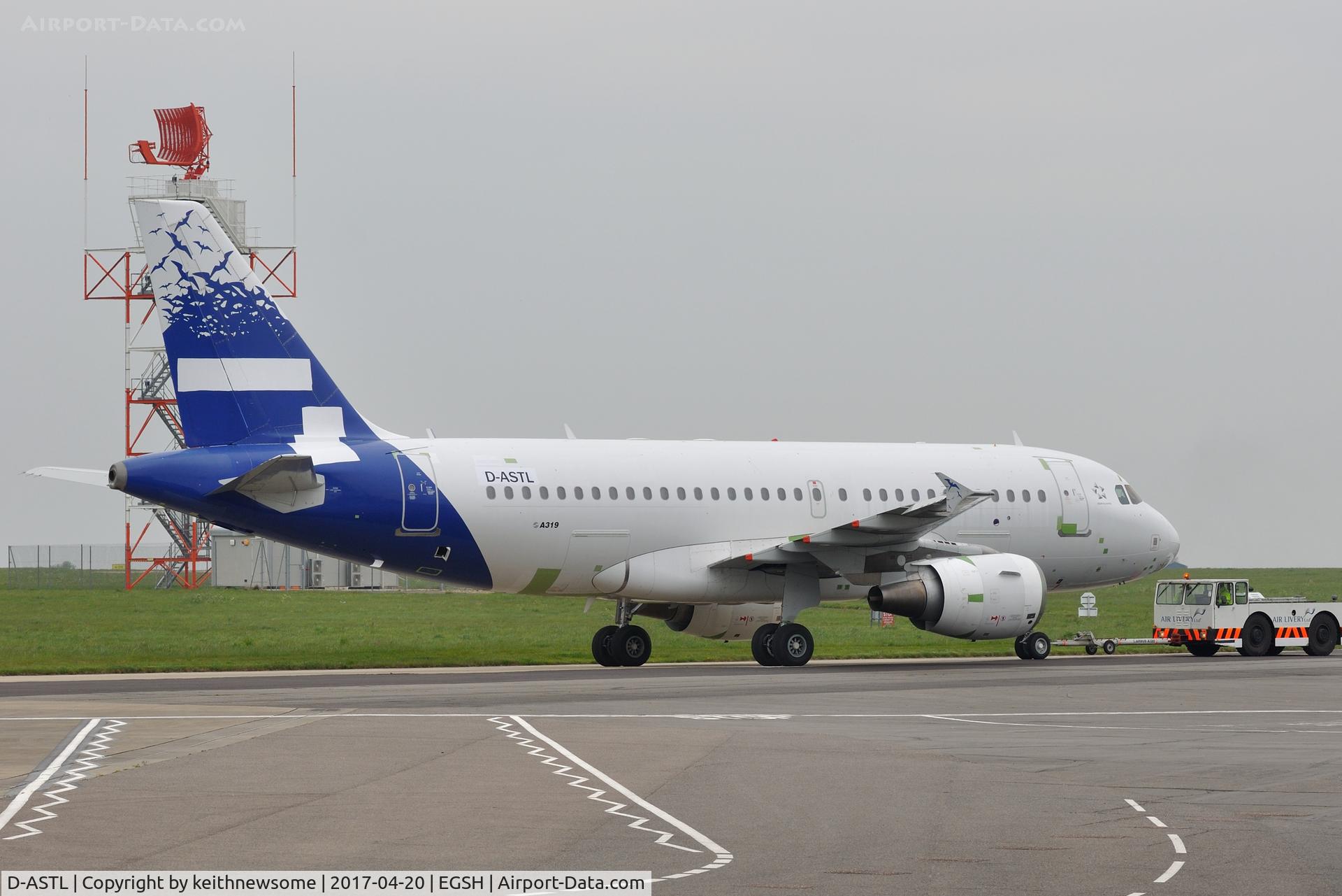 D-ASTL, 2003 Airbus A319-112 C/N 1925, Formerly HC-CKO (VP-GYC) showing partial AeroGal colour scheme arriving for paint to Germania.