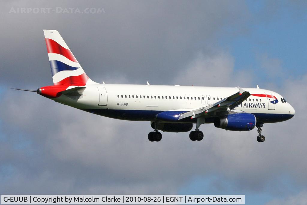G-EUUB, 2002 Airbus A320-232 C/N 1689, Airbus A320-232 on approach to 07 at Newcastle Airport UK. August 26th 2010.