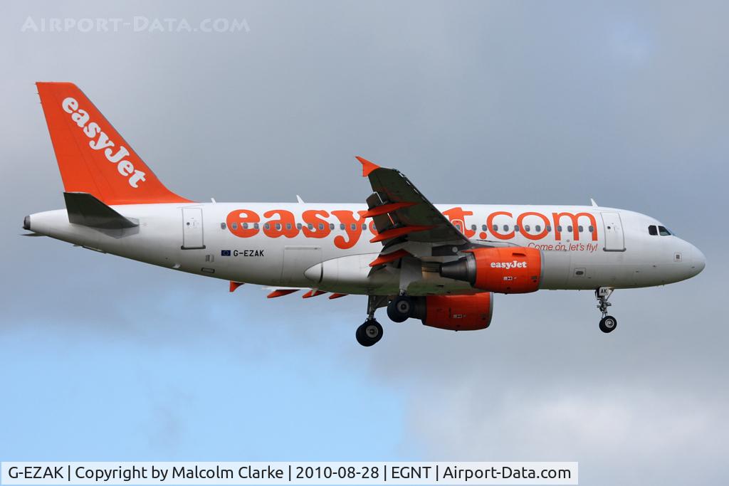 G-EZAK, 2006 Airbus A319-111 C/N 2744, Airbus A319-111 on approach to 07 at Newcastle Airport UK. August 28th 2010.