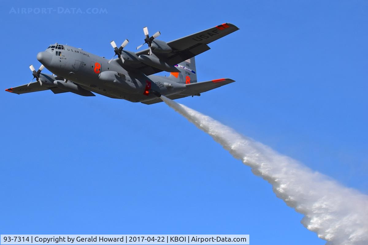 93-7314, 1993 Lockheed C-130H-30 Hercules C/N 382-5380, Making a training water drop at the airport's assault strip. Will be at BOI for a week learning the MAFFS at NIFC. 152nd Air Wing, Nevada ANG.