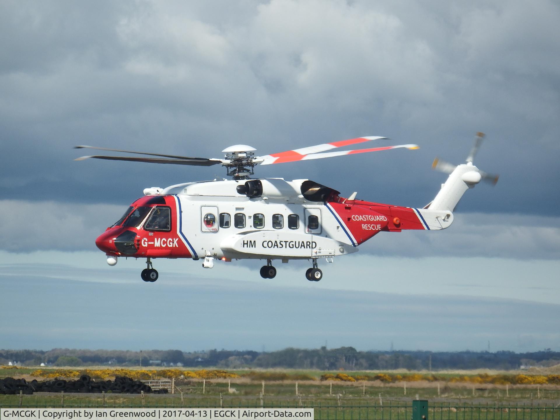 G-MCGK, 2014 Sikorsky S-92A C/N 920251, Taking off from Caernarfon on a training mission April 13th 2017.