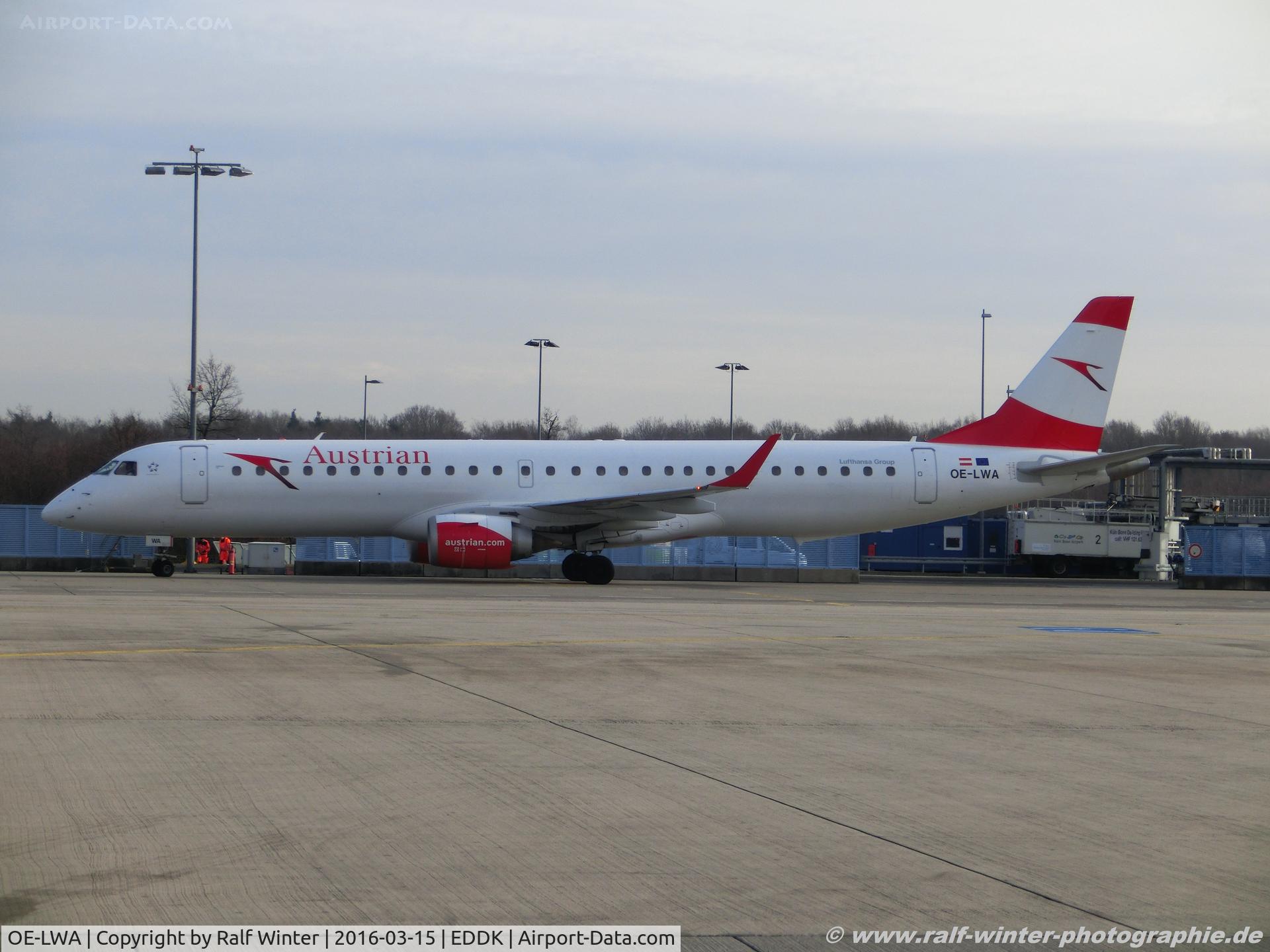 OE-LWA, 2009 Embraer 190LR (ERJ-190-200LR) C/N 19000314, Embraer ERJ-195LR 190-200LR - OS AUA Austrian Airlines - 19000314 - OE-LWA - 15.03.2016 - CGN