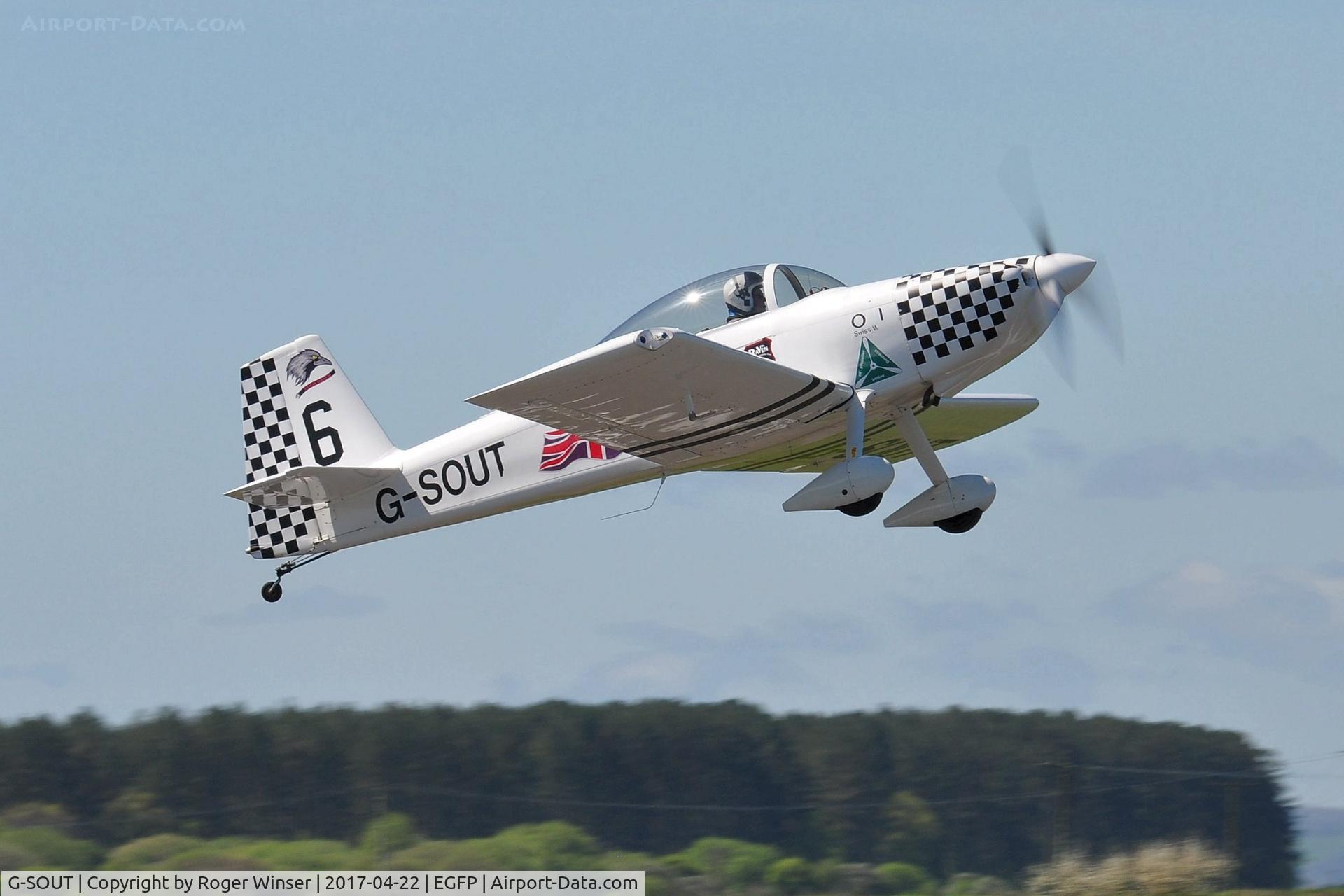 G-SOUT, 2006 Vans RV-8 C/N PFA 303-13295, Raven 6 departing Runway 04 for a Team Raven 6-ship formation change practice session.