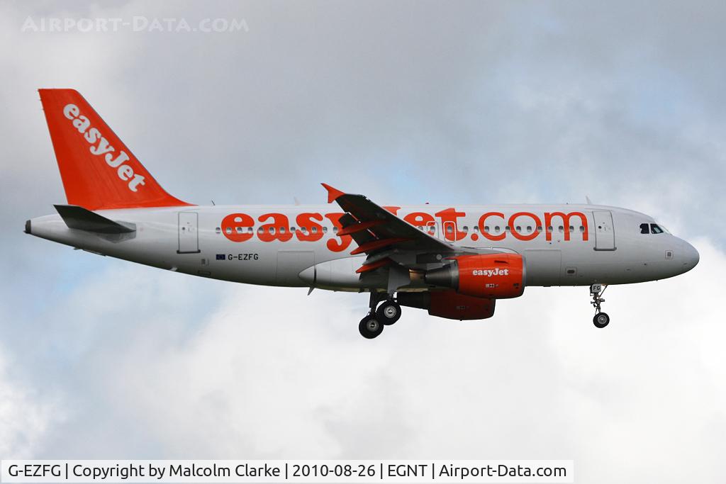 G-EZFG, 2009 Airbus A319-111 C/N 3845, Airbus A319-111 on approach to 07 at Newcastle Airport UK. August 26th 2010.