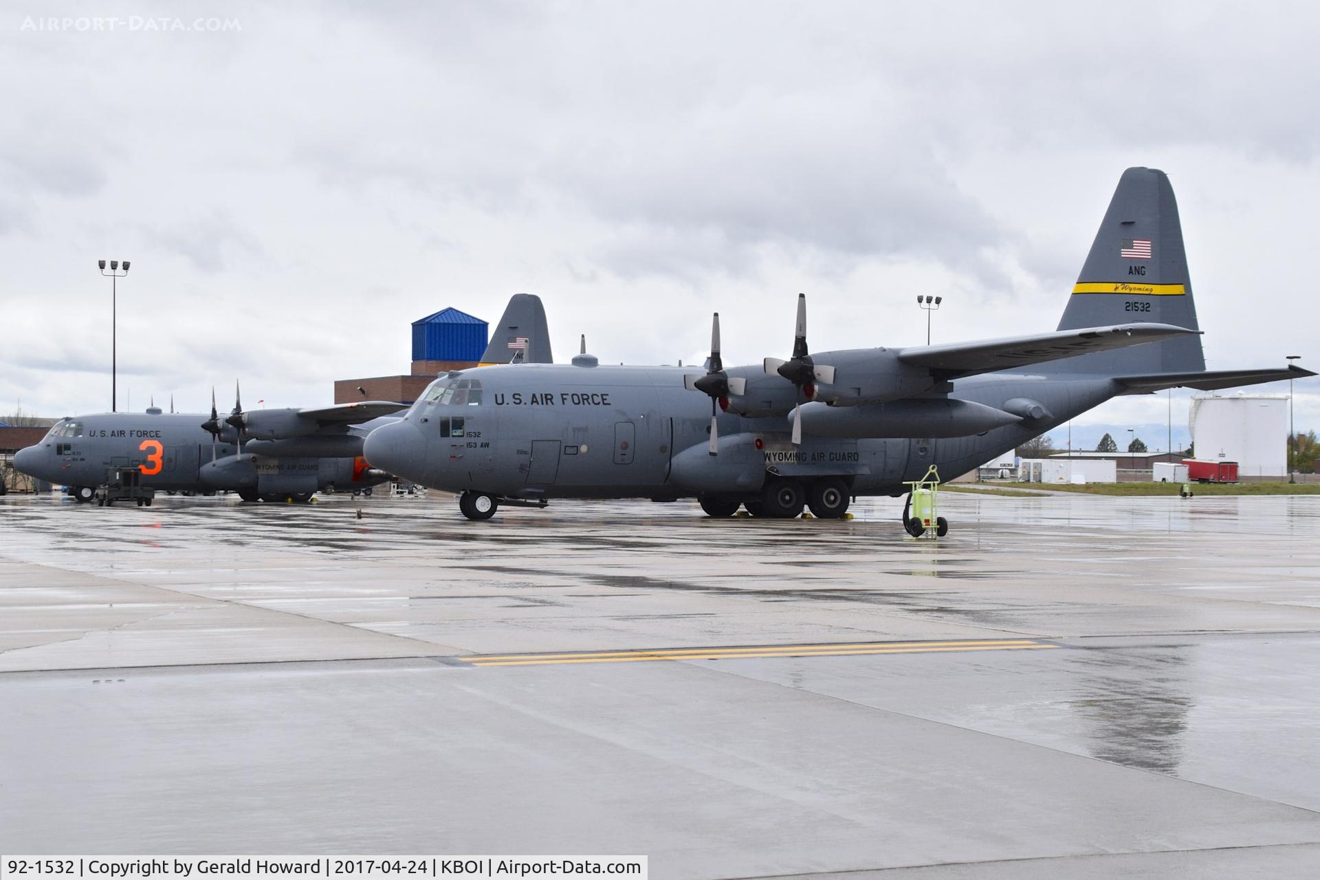 92-1532, 1992 Lockheed C-130H Hercules C/N 382-5328, Parked with another Wyoming ANG C-130 on the Idaho ANG ramp. At BOI for training at NIFC with the MAFFS.