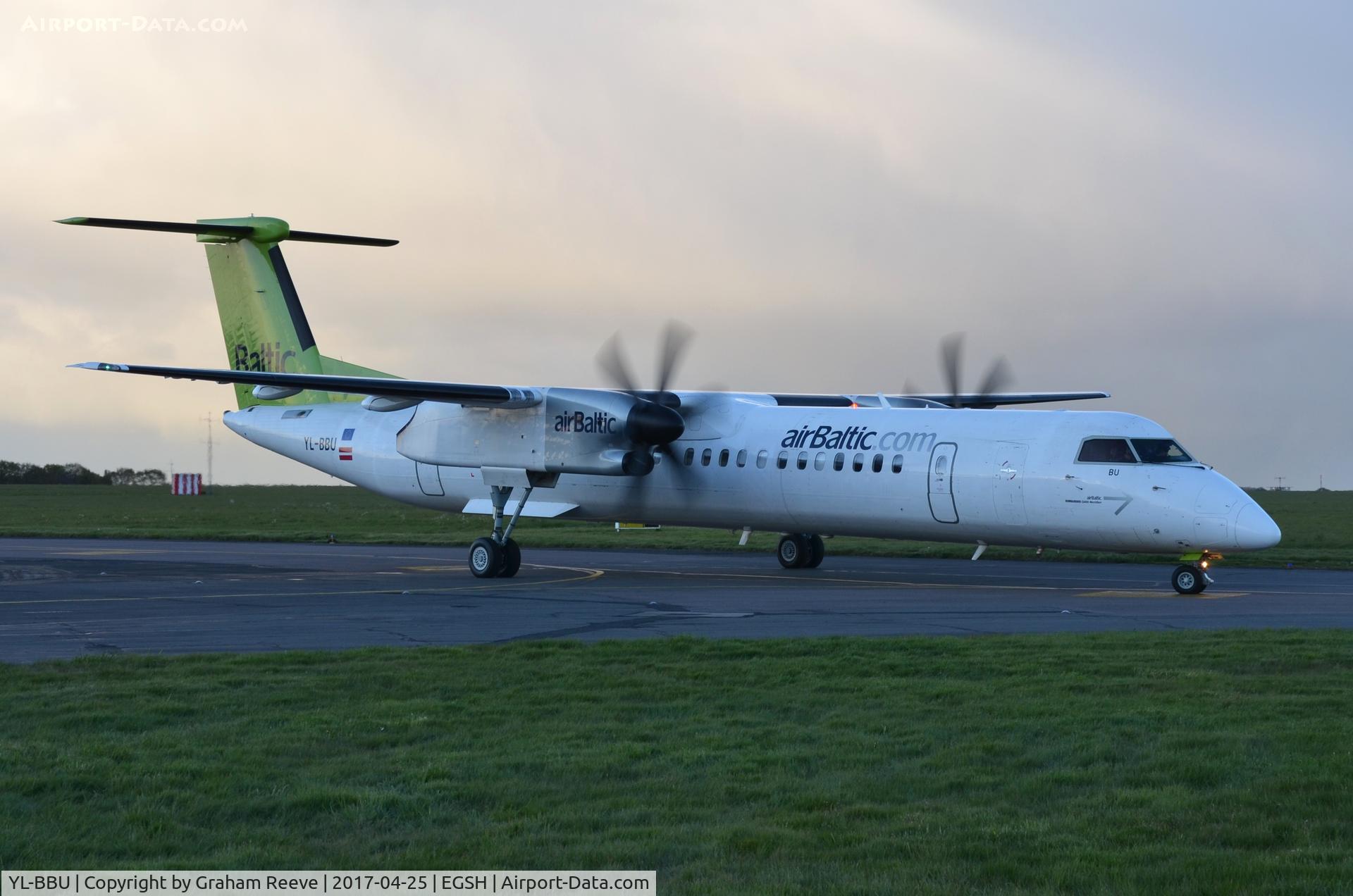 YL-BBU, 2013 Bombardier DHC-8-402Q Dash 8 Dash 8 C/N 4439, Just landed at Norwich.