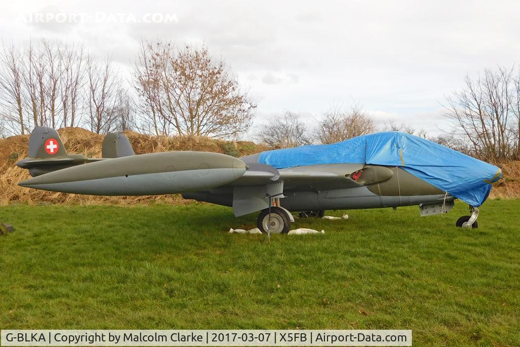 G-BLKA, 1957 De Havilland (F+W Emmen) DH-112 Venom FB.54 C/N 431, De Havilland (F+W Emmen) DH-112 Venom FB.54. Delivered to Fishburn Airfield for the soon to be established Fishburn Historic Aviation Centre. March 7th 2017