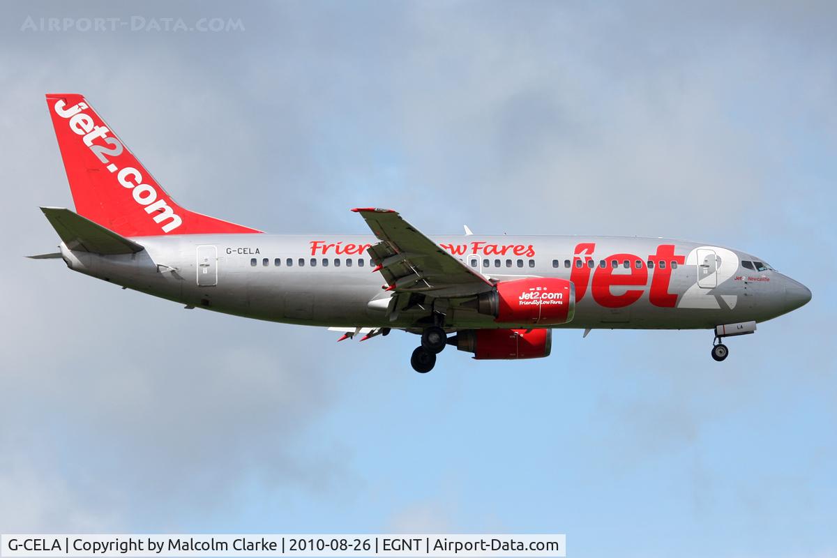 G-CELA, 1986 Boeing 737-377(QC) C/N 23663, Boeing 737-377 on approach to 07 at Newcastle Airport UK. August 26th 2010.