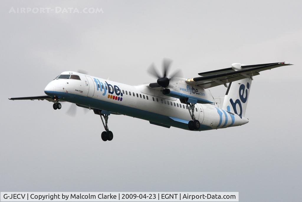 G-JECV, 2007 De Havilland Canada DHC-8-402Q Dash 8 C/N 4148, De Havilland Canada DHC-8-402Q Dash 8 on approach to 25 at Newcastle Airport. April 23rd 2009.