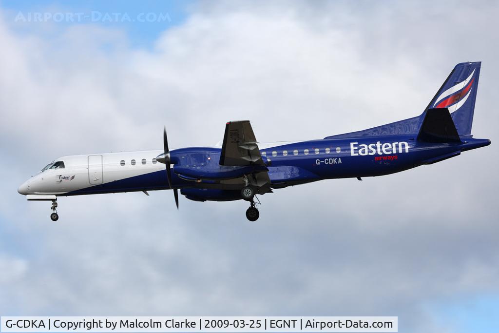 G-CDKA, 1993 Saab 2000 C/N 2000-006, Saab 2000 on approach to 25 at Newcastle Airport. March 25th 2009.