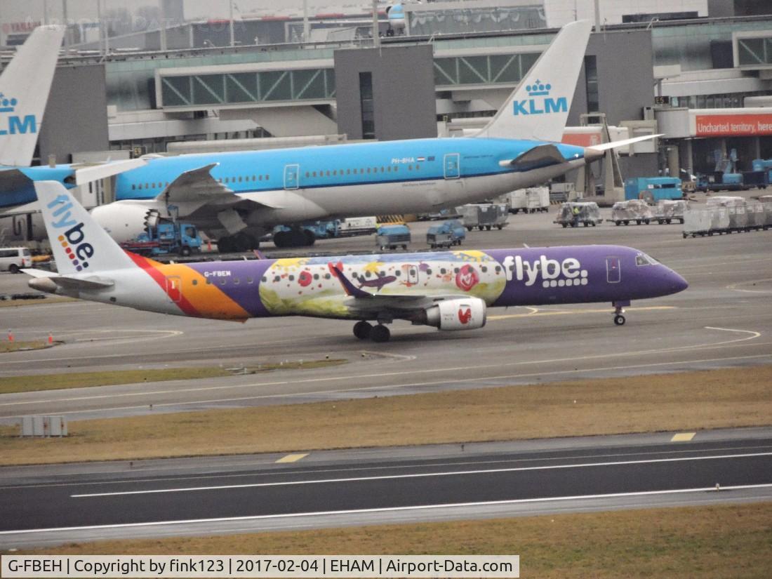 G-FBEH, 2007 Embraer 195LR (ERJ-190-200LR) C/N 19000128, flybe in special colours taxing ot the gate