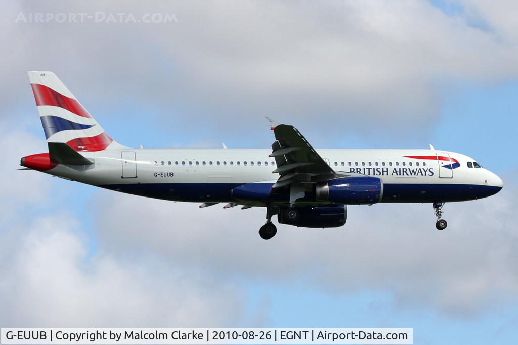 G-EUUB, 2002 Airbus A320-232 C/N 1689, Airbus A320-232 on approach to 07 at Newcastle Airport UK. August 26th 2010.