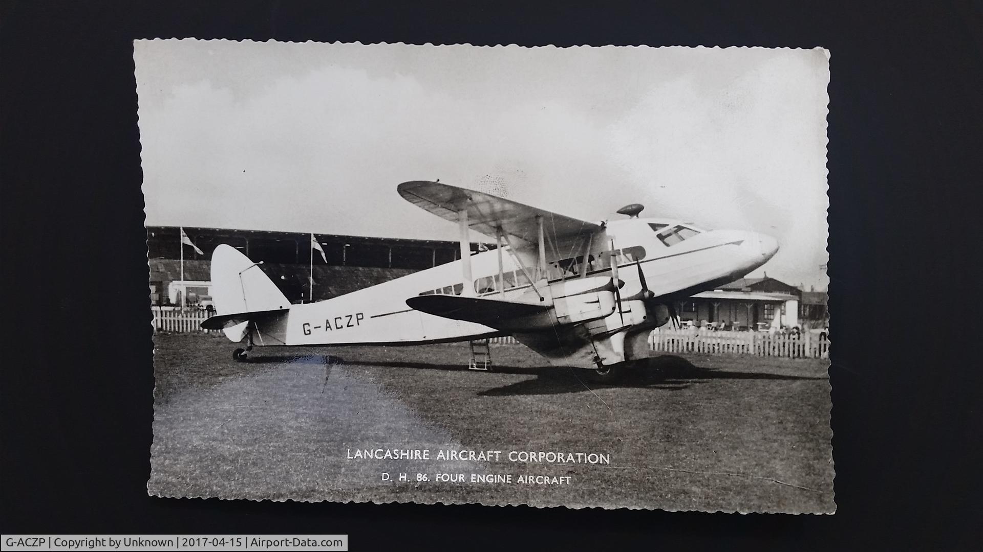 G-ACZP, De Havilland DH-86 Express C/N 2321, Vintage Postcard of a D. H. 86. Four Engine Aircraft Lancashire Aircraft Corporation.
http://www.ebay.co.uk/itm/-/162497304407