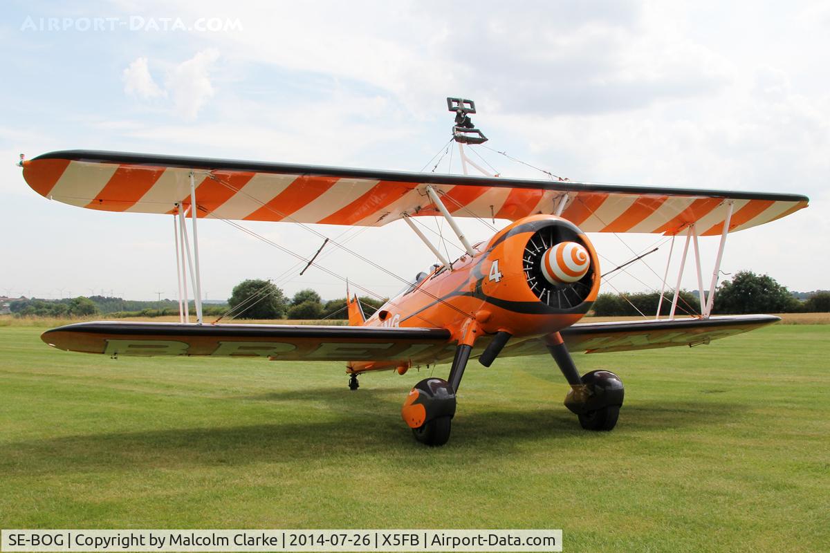 SE-BOG, 1942 Boeing N2S-3 Kaydet (B75N1) C/N 75-7128, Boeing B75N-1 Stearman prior to a wing walking performance at the 2014 Sunderland Air Show. Fishburn Airfield, July 26th 2014.