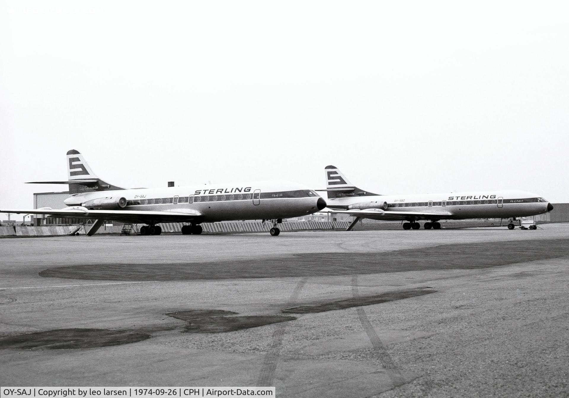 OY-SAJ, 1961 Sud Aviation SE-210 Caravelle VI-R C/N 104, Copenhagen 26.9.1974 with OY-SBZ in bagground