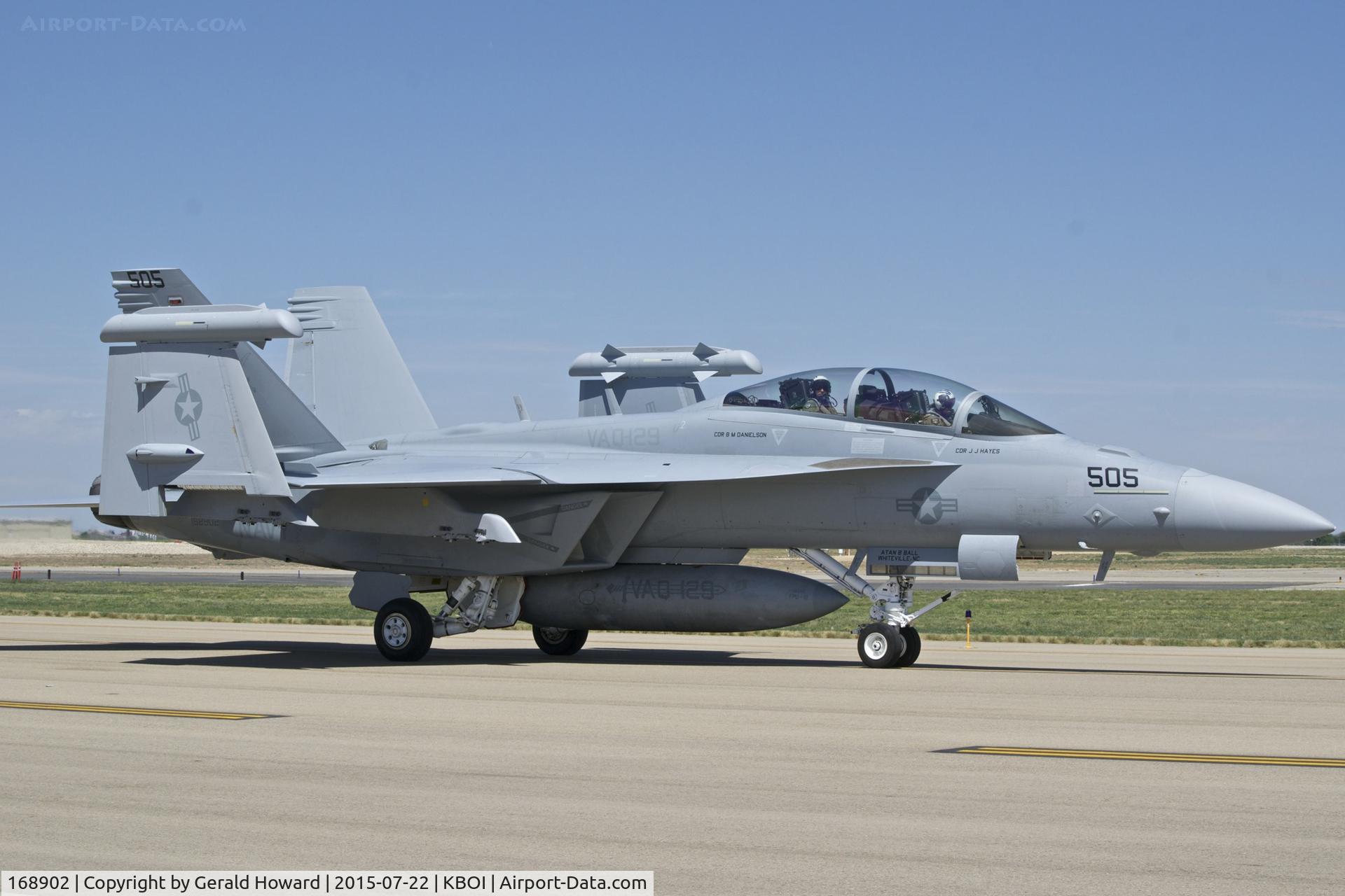 168902, Boeing EA-18G Growler C/N G-100, Taxiing on Kilo for the south GA ramp.  VAQ-129  “Vikings”, NAS Whidbey Island, WA.