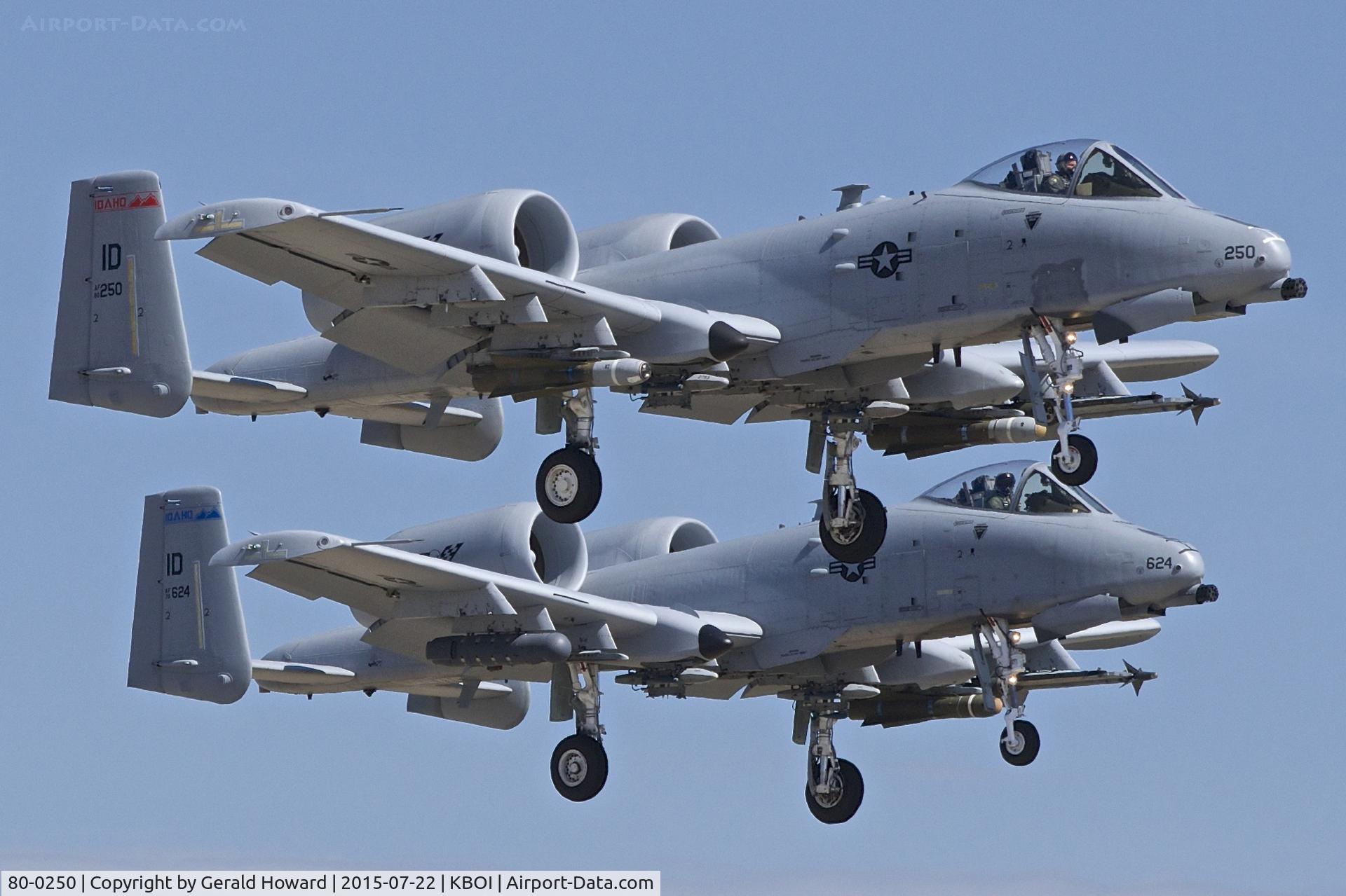 80-0250, 1980 Fairchild Republic A-10C Thunderbolt II C/N A10-0600, Formation landing with 78-0624 for RWY 10R.  190th Fighter Sq., Idaho ANG.