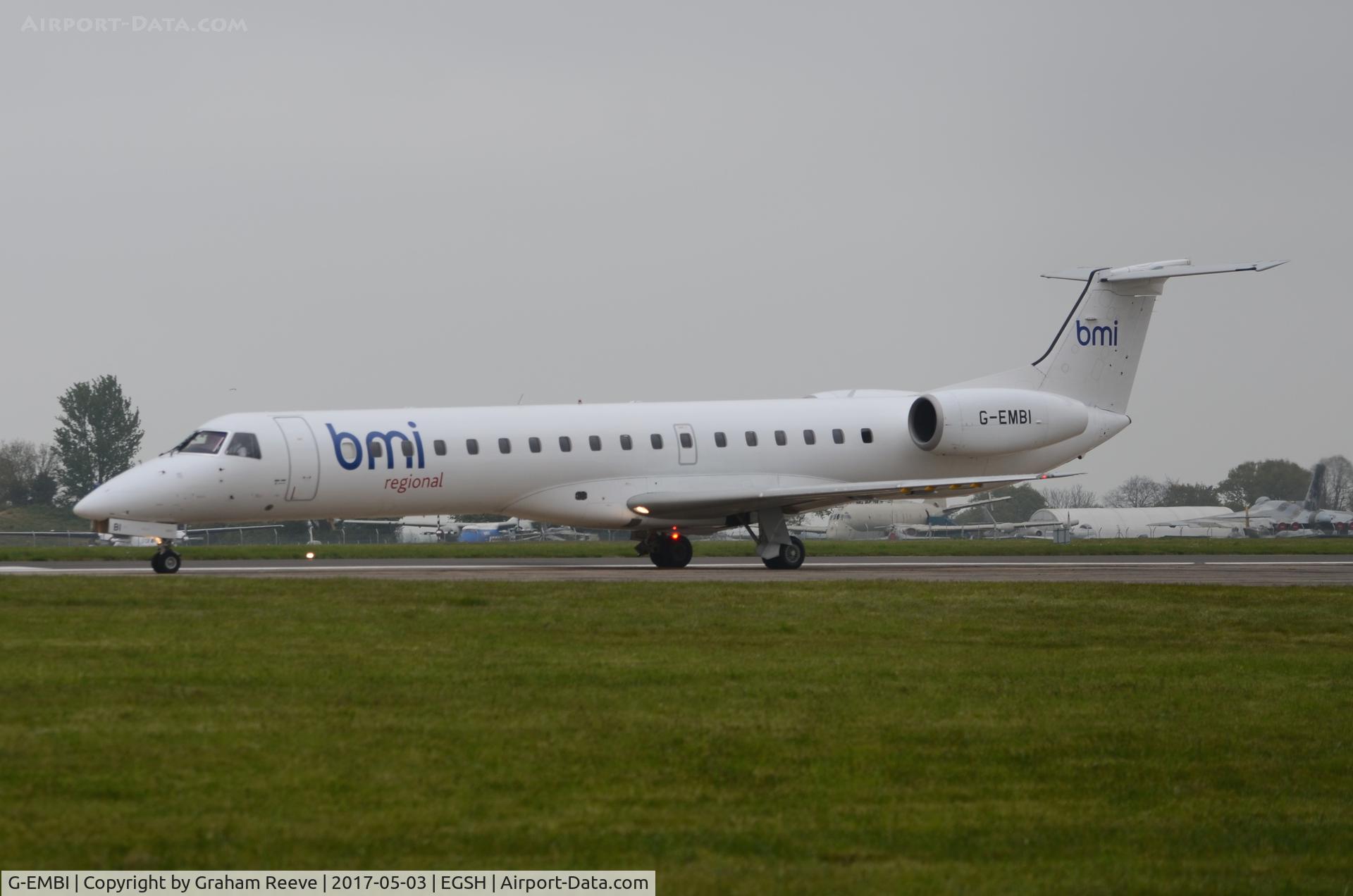 G-EMBI, 1999 Embraer EMB-145EU (ERJ-145EU) C/N 145126, About to depart from Norwich.