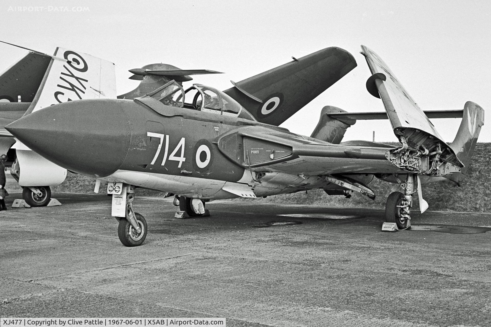 XJ477, De Havilland DH-110 Sea Vixen FAW.1 C/N 10004, Pictured at HMS Condor, Arbroath, Angus whilst coded AB/714 as a G.I. with the FAA AES.