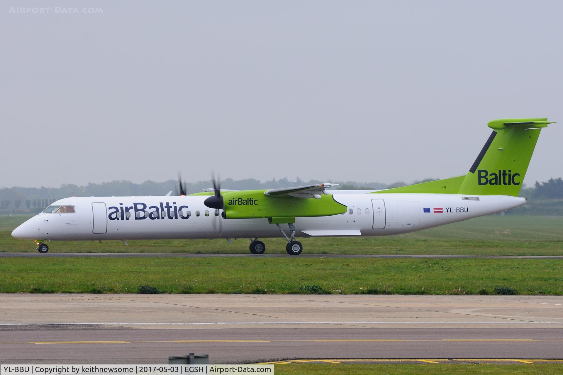 YL-BBU, 2013 Bombardier DHC-8-402Q Dash 8 Dash 8 C/N 4439, Leaving Norwich with a revised colour scheme.