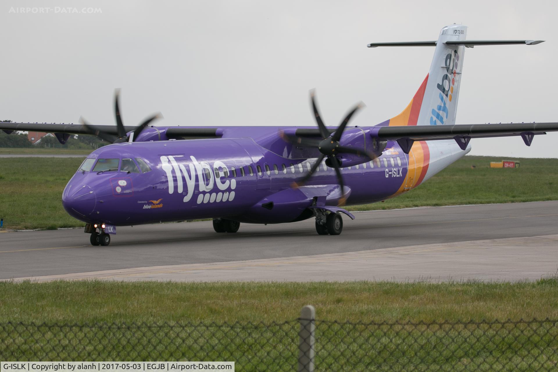 G-ISLK, 2000 ATR 72-212A C/N 634, Operated by Blue Islands and in the colours of their franchise partner flybe, on the west taxiway at Guernsey