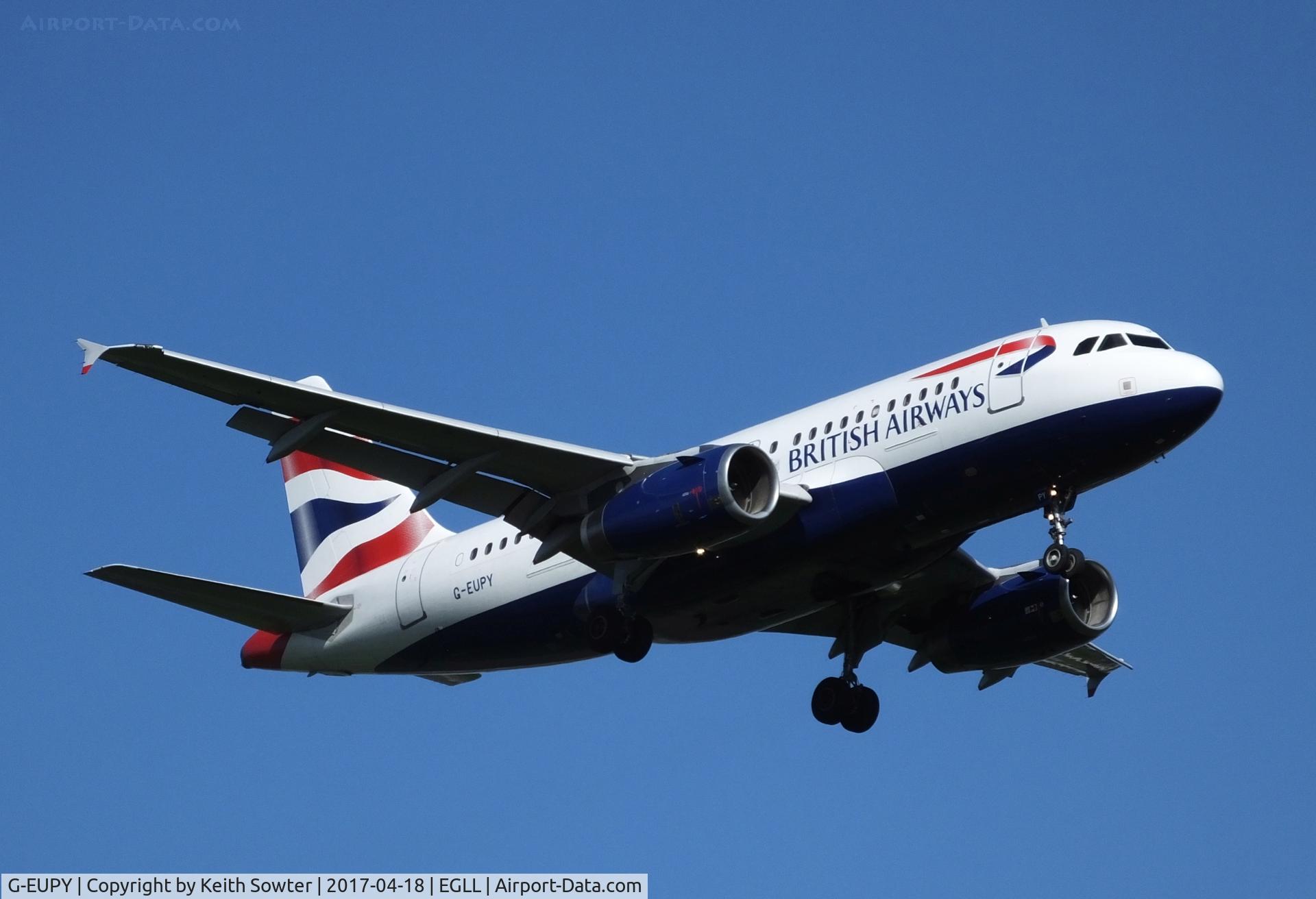 G-EUPY, 2001 Airbus A319-131 C/N 1466, Short finals to land on runway 09L at Heathrow