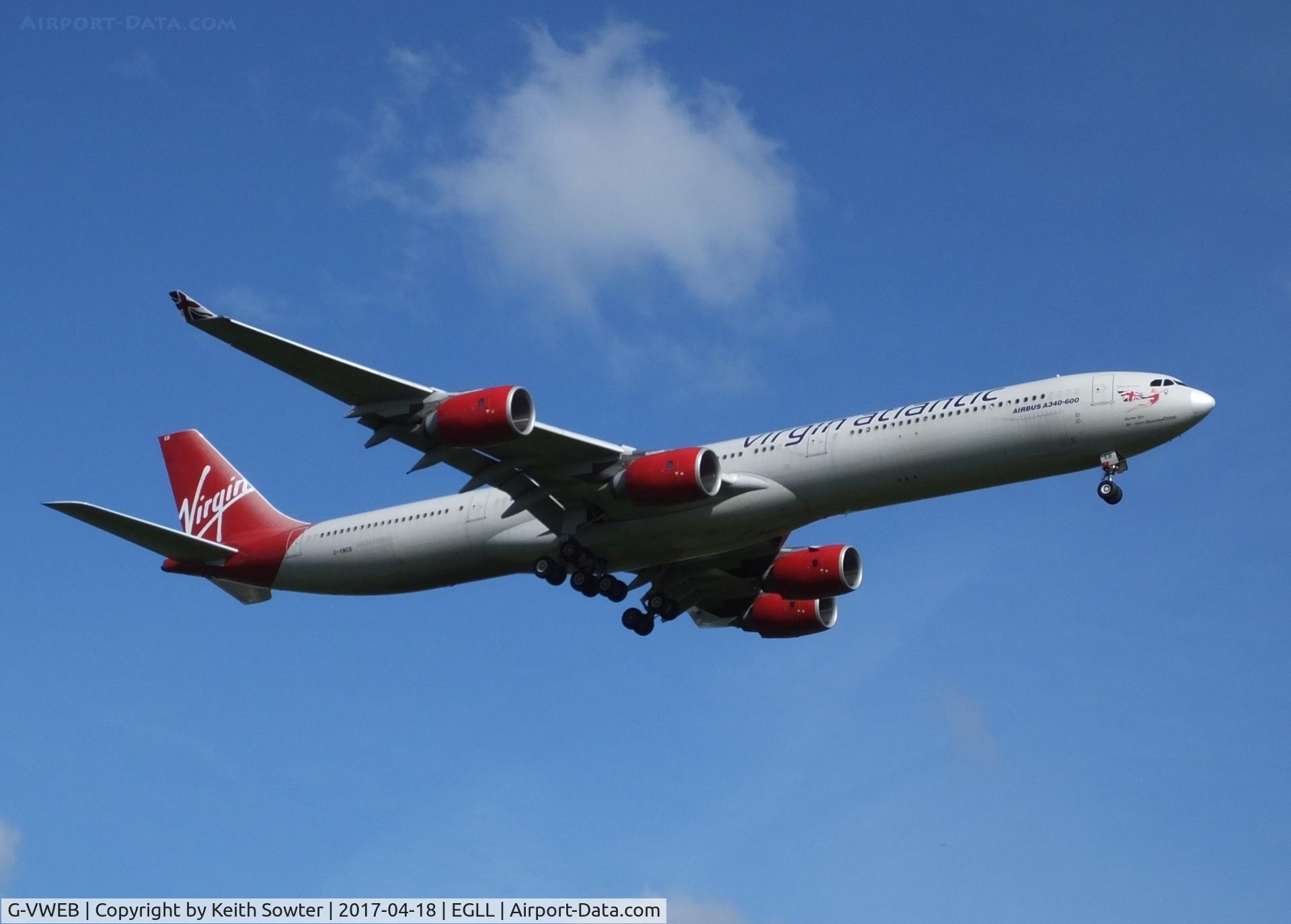 G-VWEB, 2006 Airbus A340-642 C/N 787, Short finals to land on runway 09L at Heathrow