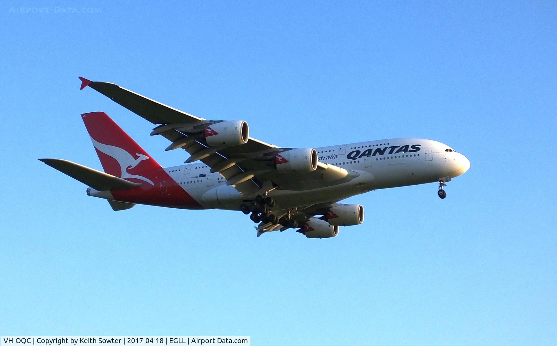 VH-OQC, 2008 Airbus A380-842 C/N 022, Short finals to land on runway 09L at Heathrow