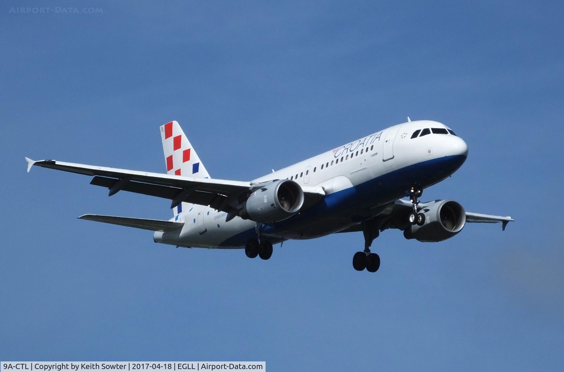9A-CTL, 2000 Airbus A319-112 C/N 1252, Short finals to land on runway 09L at Heathrow