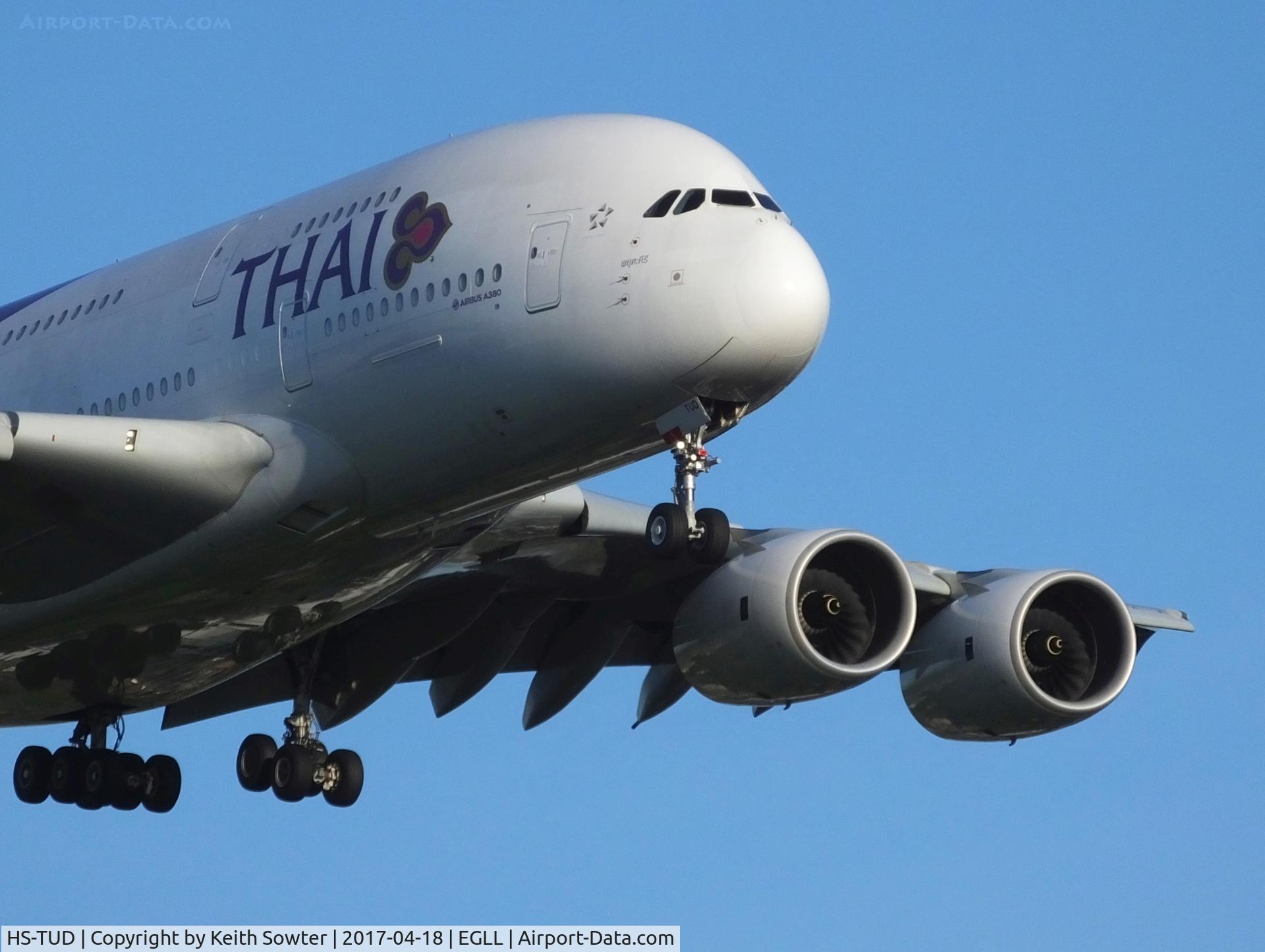 HS-TUD, 2012 Airbus A380-841 C/N 122, Short finals to land on runway 09L at Heathrow