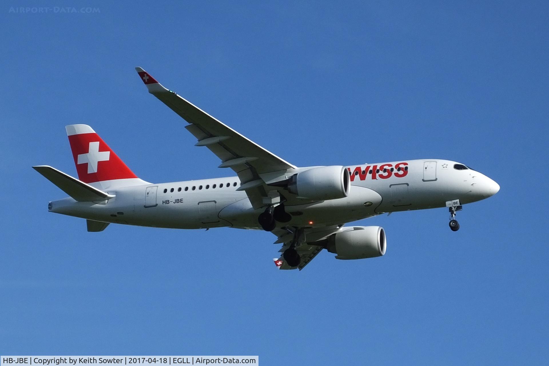 HB-JBE, 2016 Bombardier CSeries CS100 (BD-500-1A10) C/N 50014, Short finals to land on runway 09L at Heathrow