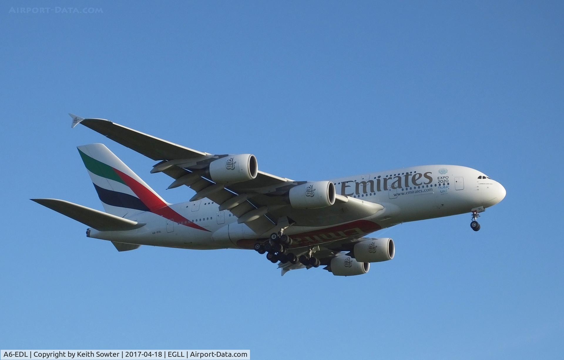 A6-EDL, 2010 Airbus A380-861 C/N 046, Short finals to land on runway 09L at Heathrow