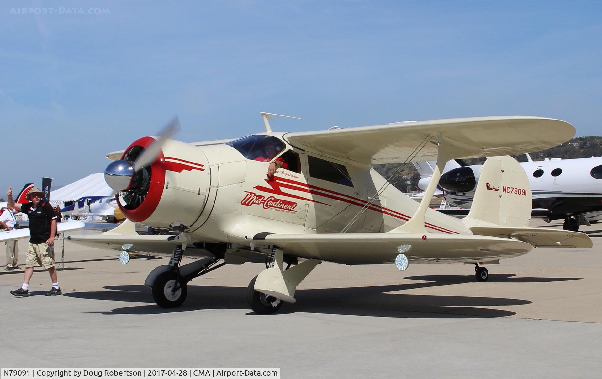 N79091, 1941 Beech D17S Staggerwing C/N 1020, 1941 Beech D17S STAGGERWING, P&W R-985 Wasp Jr. 450 Hp, slow taxi with guidance, at AOPA FLY-IN