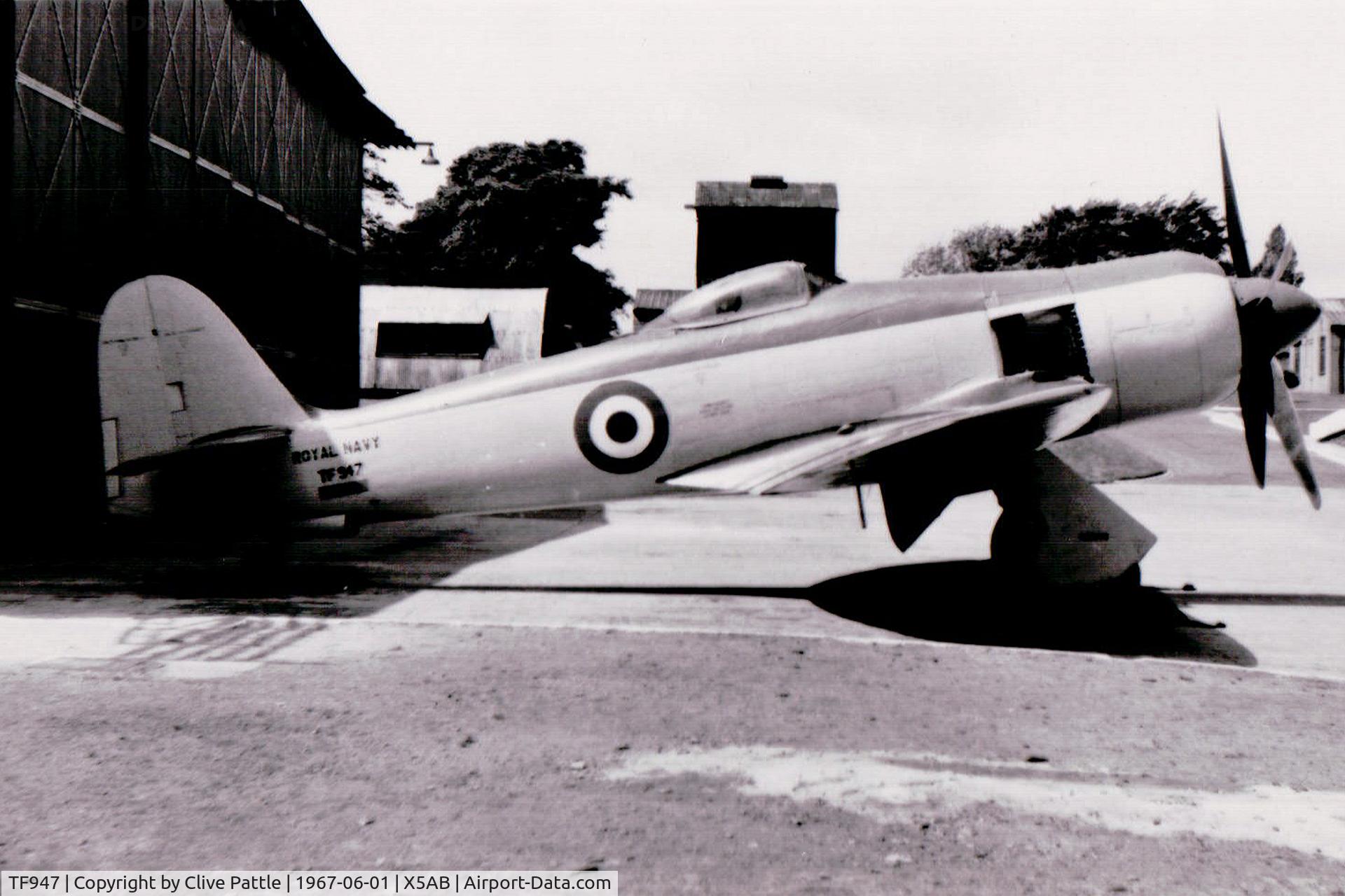 TF947, Hawker Sea Fury FB.10 C/N Not found TF947, As a G.I. airframe at the RN/FAA AES at HMS Condor/RNAS Arbroath Open Day in 1967 - Aircraft at one time served with RCN. Apols for poor quality.