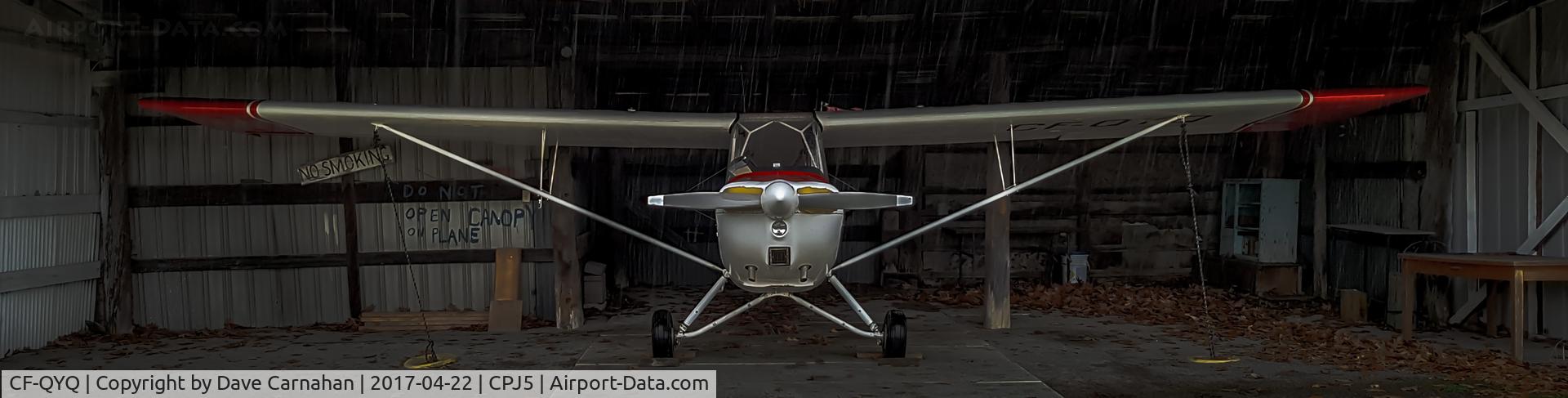 CF-QYQ, 1965 Champion 7ECAX Citabria C/N 128X, CF-QYQ parked in its hangar at Oak Hills Flying Club, Stirling, Ontario, Canada