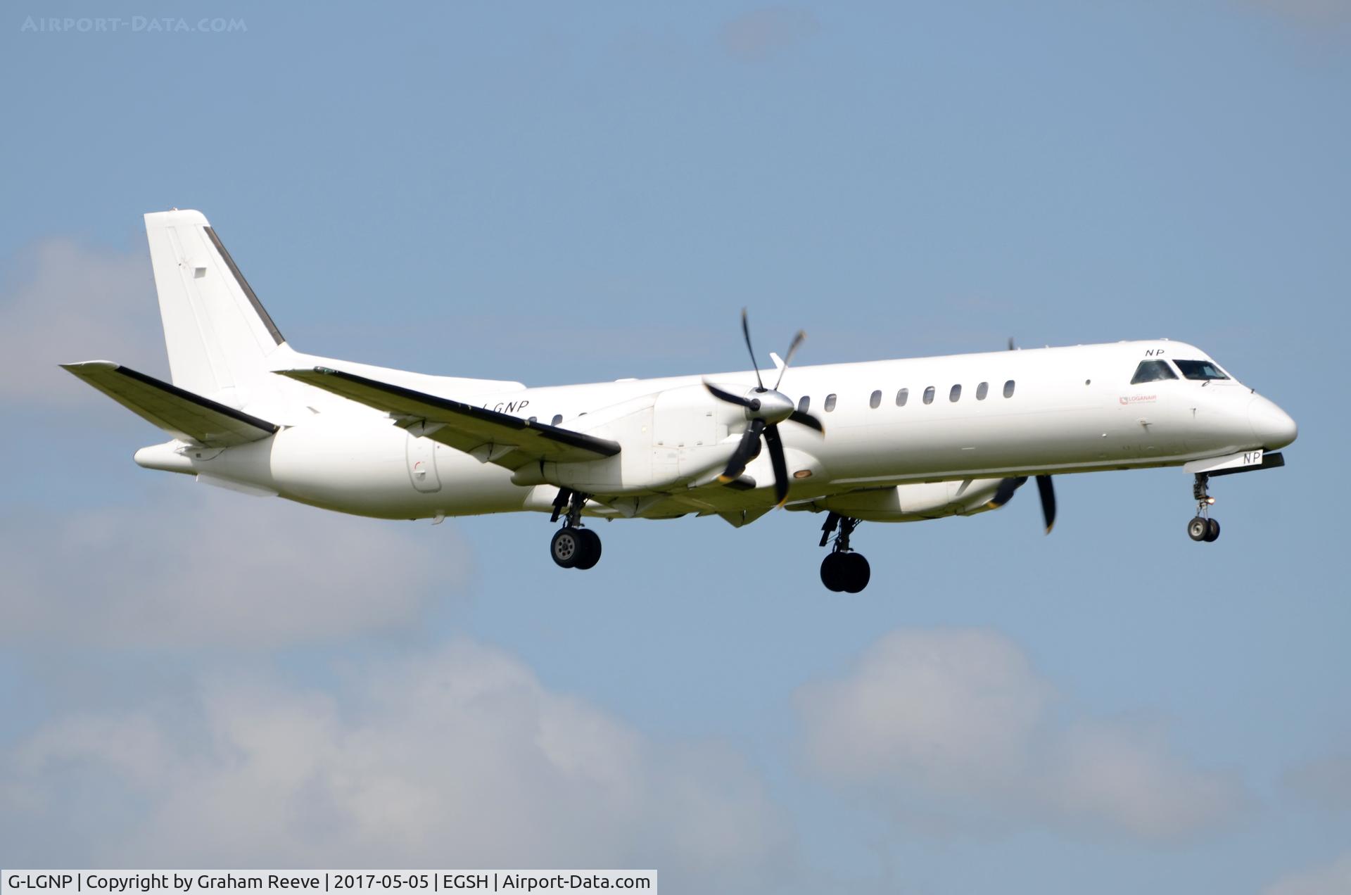 G-LGNP, 1995 Saab 2000 C/N 2000-018, Landing at Norwich.