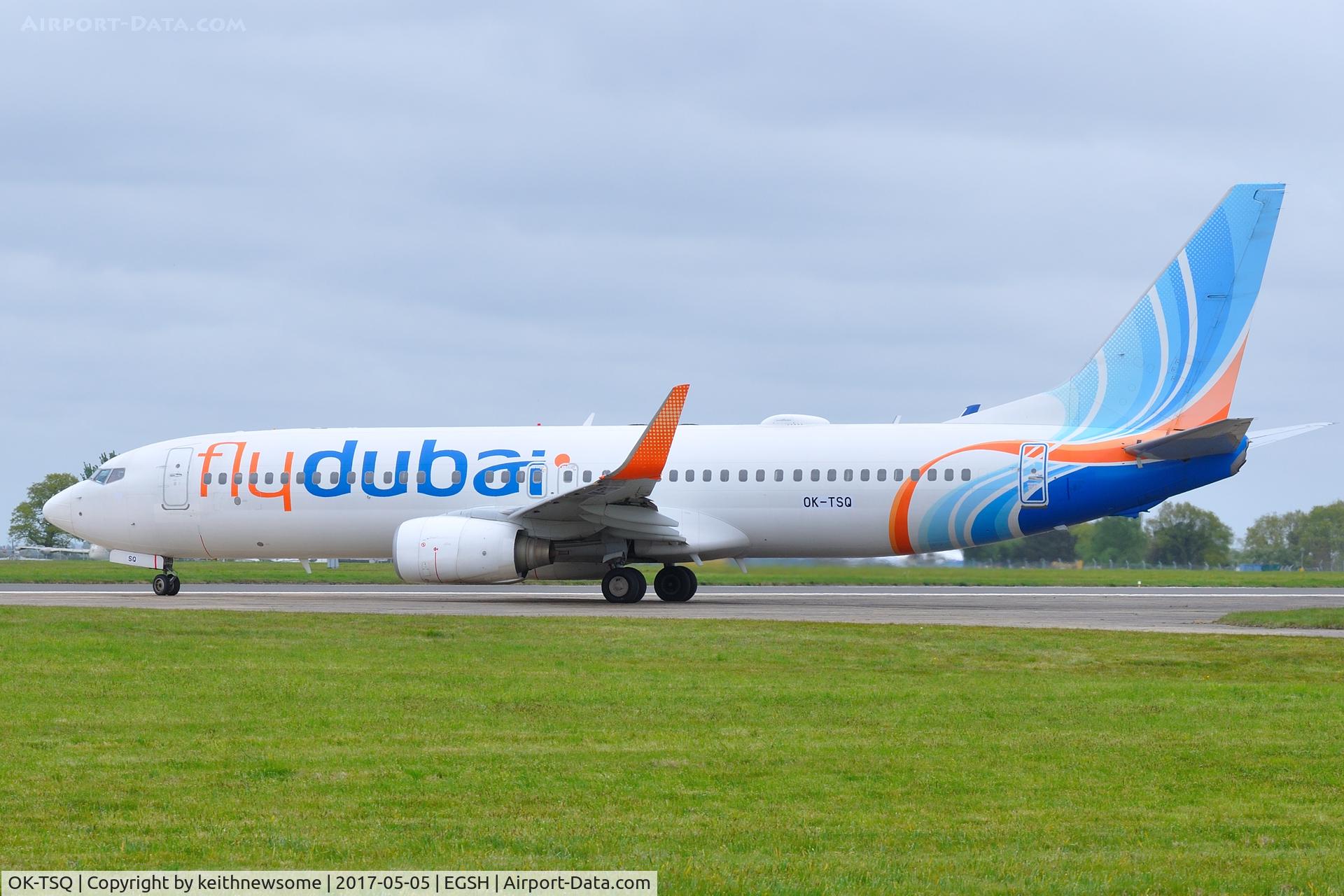 OK-TSQ, 2010 Boeing 737-8KN C/N 31765, Formerly A6-FDI leaving Norwich to become OK-TSQ with Travel Service.