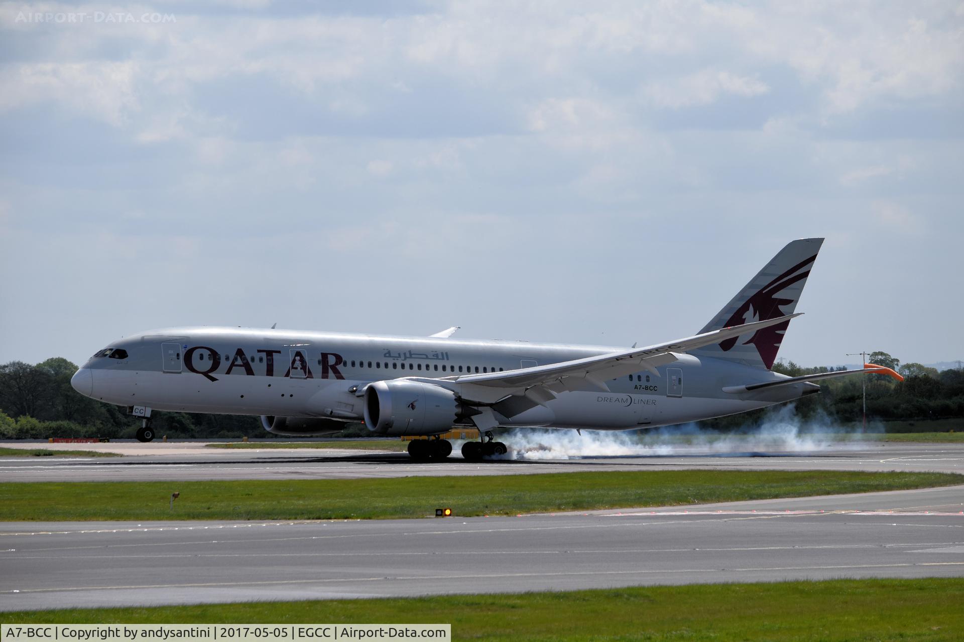 A7-BCC, 2012 Boeing 787-8 Dreamliner C/N 38321, just landed at man egcc with tyre smoke