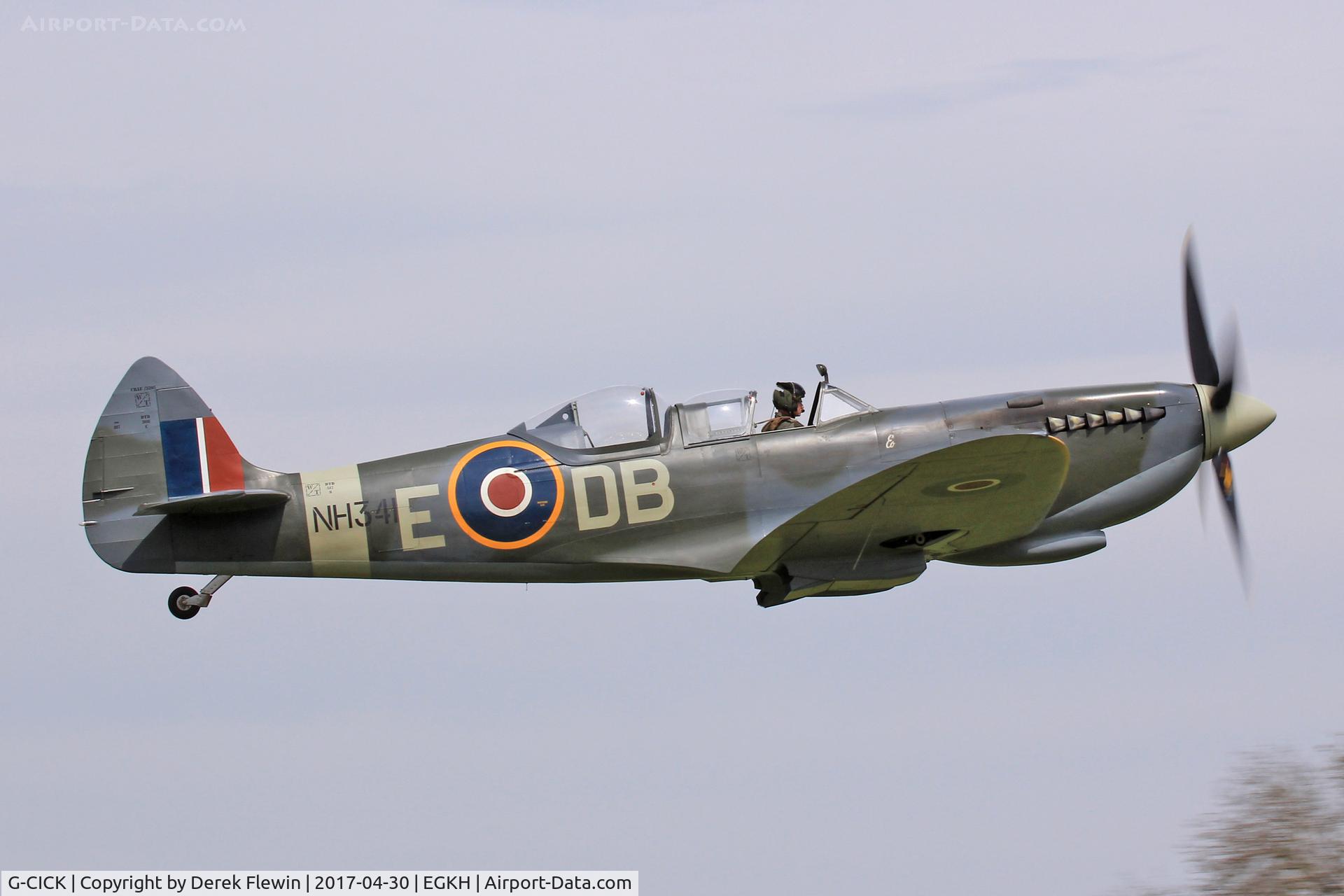 G-CICK, 1944 Supermarine 361 Spitfire LF.IXe C/N CBAF 8912, Supermarine 361 Spitfire LF.IXe, previously NH341 coded DBE. Shot down by FW190s 22 June 1944 South East of Caen France, 2 July 1944 displayed as DBO at the Bayeux Memorial Museum France, registered to UK owner June 2014. Low and fast fly by.