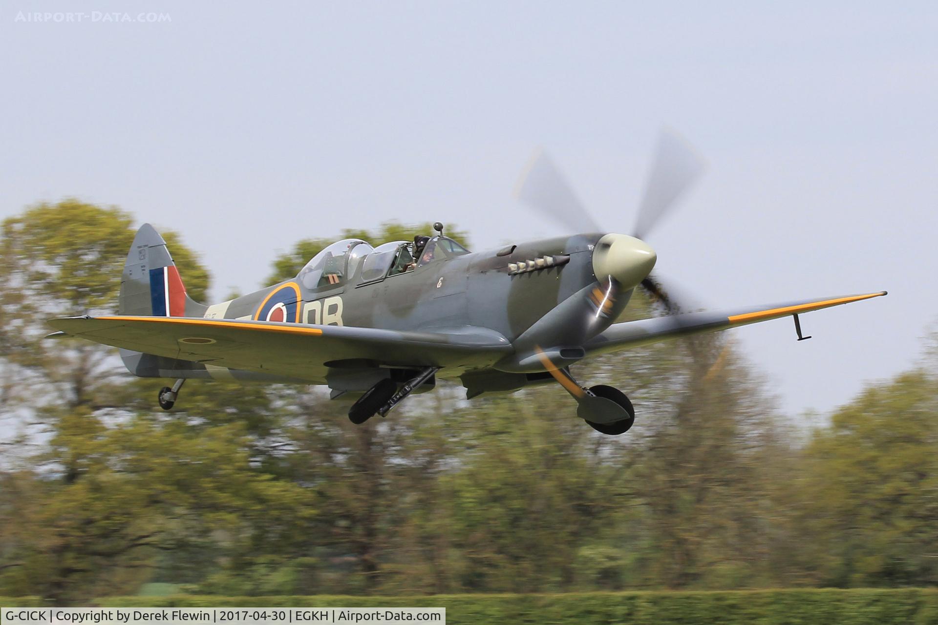 G-CICK, 1944 Supermarine 361 Spitfire LF.IXe C/N CBAF 8912, Supermarine 361 Spitfire LF.IXe, previously NH341 coded DBE. Shot down by FW190s 22 June 1944 South East of Caen France, 2 July 1944 displayed as DBO at the Bayeux Memorial Museum France, registered to UK owner June 2014. Seen departing runway 10.