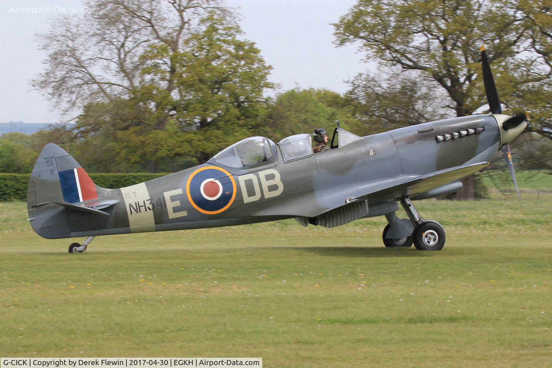 G-CICK, 1944 Supermarine 361 Spitfire LF.IXe C/N CBAF 8912, Supermarine 361 Spitfire LF.IXe, previously NH341 coded DBE. Shot down by FW190s 22 June 1944 South East of Caen France, 2 July 1944 displayed as DBO at the Bayeux Memorial Museum France, registered to UK owner June 2014. Seen taxxing in.