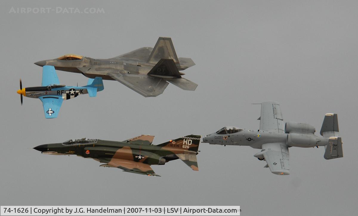 74-1626, McDonnell Douglas QF-4E Phantom II C/N 4856, In formation with F-22A, P-51D and A-10C.
