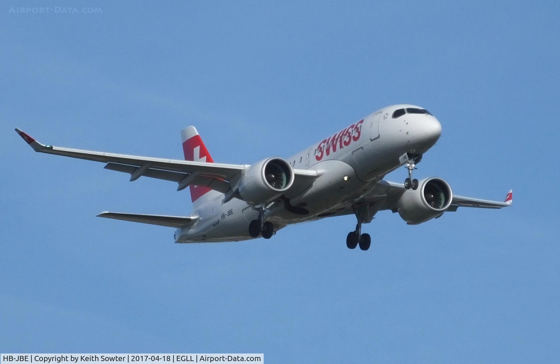 HB-JBE, 2016 Bombardier CSeries CS100 (BD-500-1A10) C/N 50014, Short finals to land Heathrow 09L