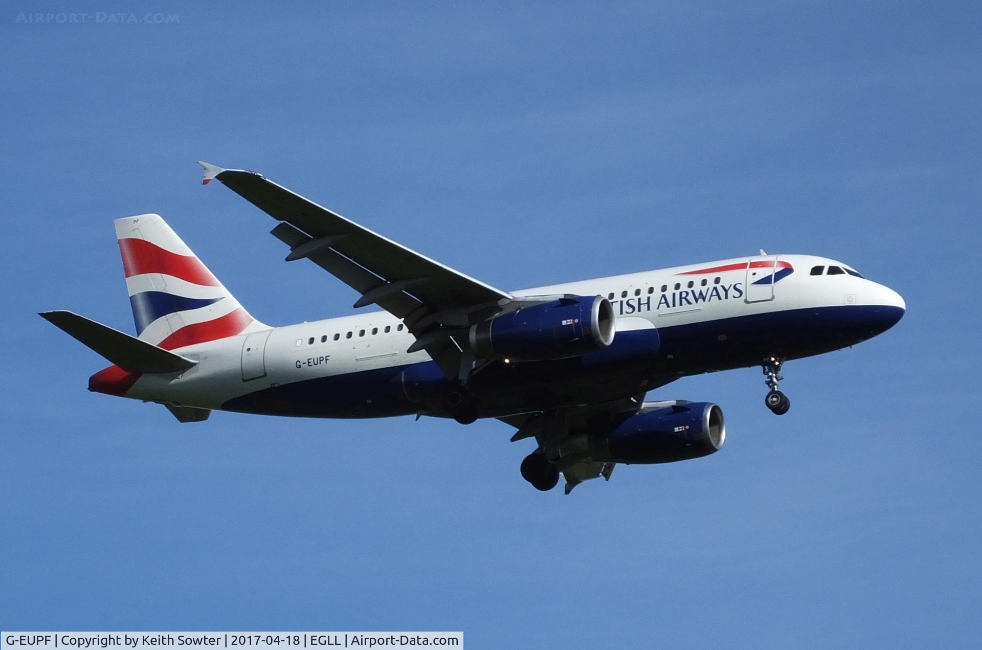 G-EUPF, 2000 Airbus A319-131 C/N 1197, Short finals to land Heathrow 09L