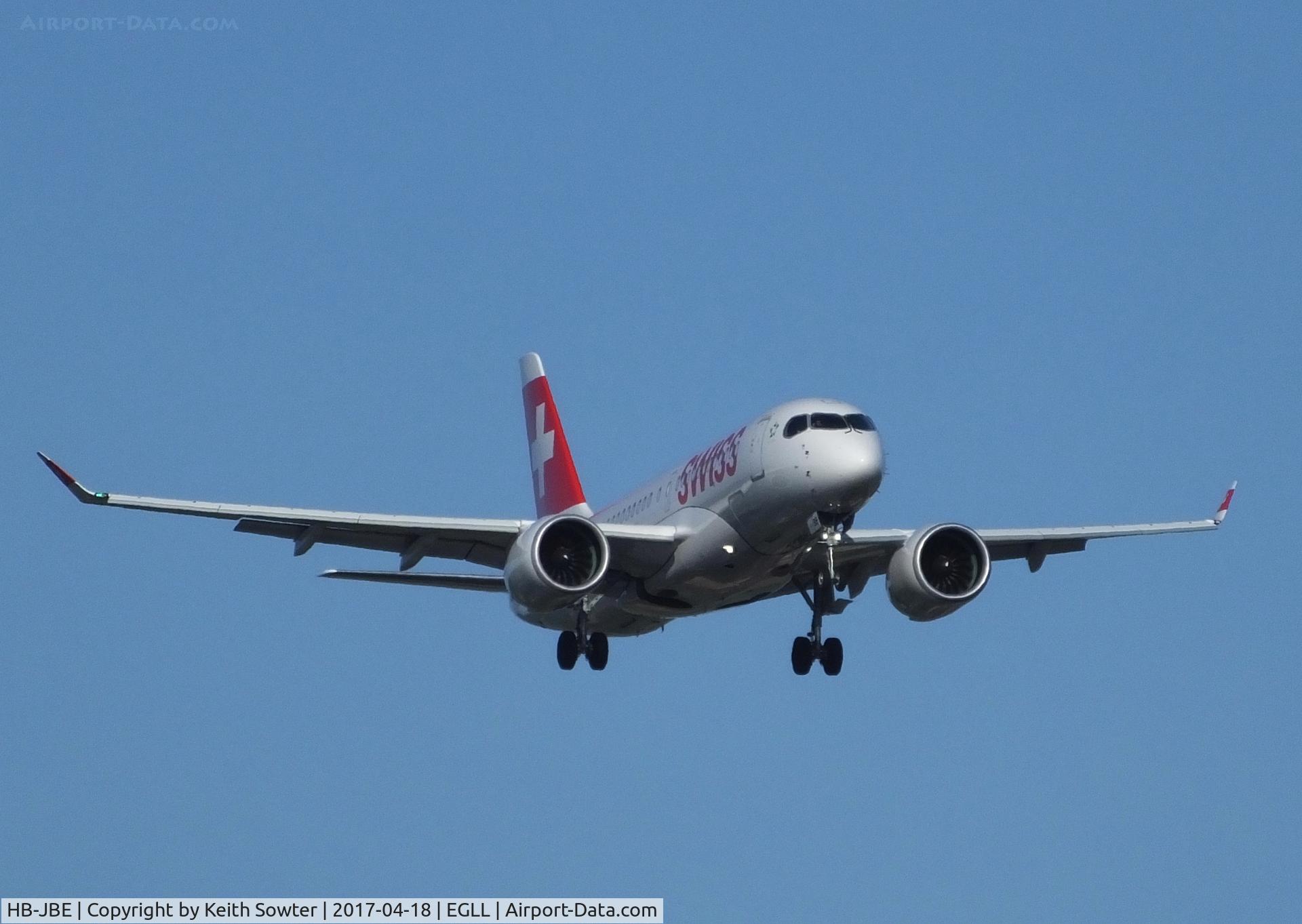 HB-JBE, 2016 Bombardier CSeries CS100 (BD-500-1A10) C/N 50014, Short finals to land Heathrow 09L