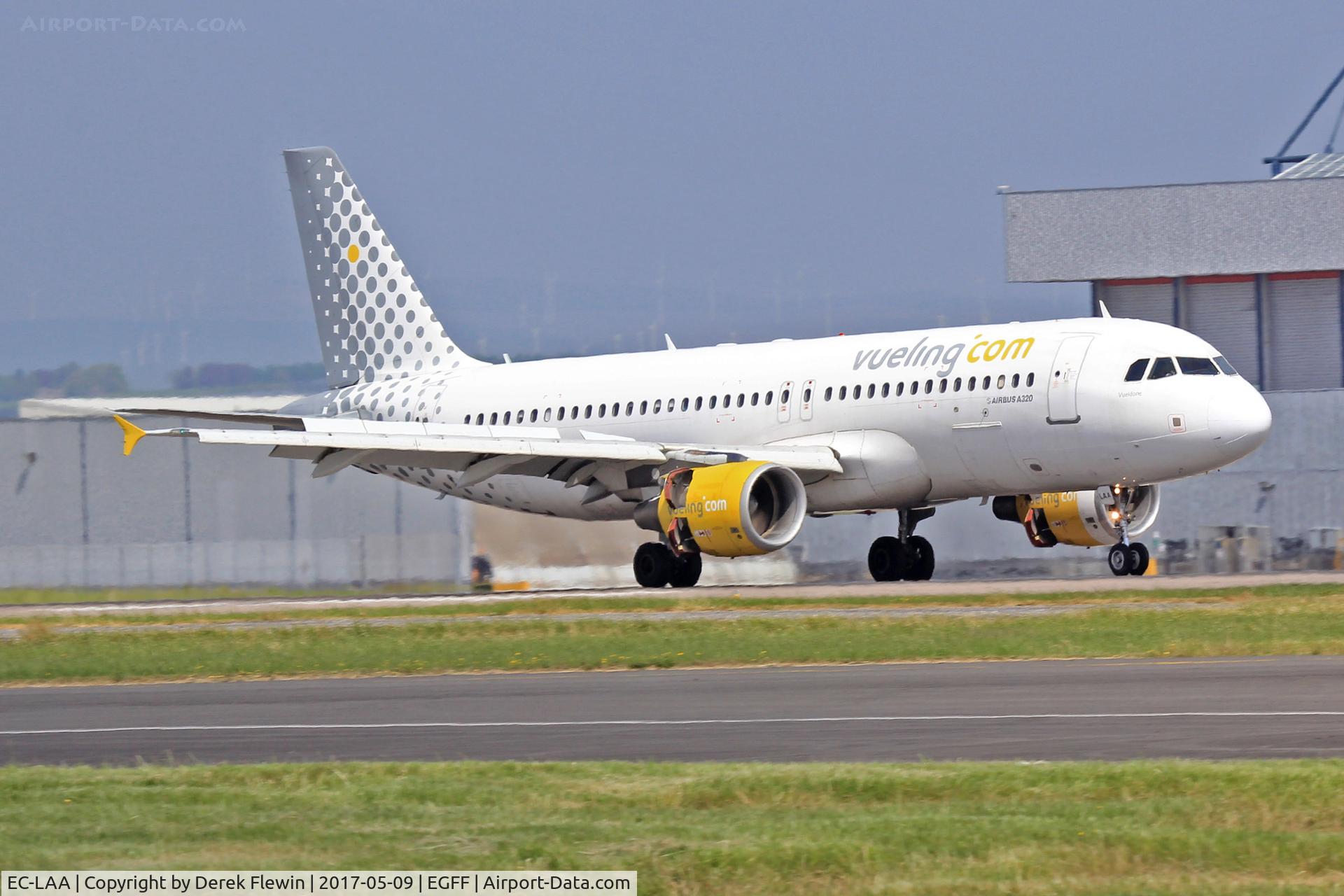 EC-LAA, 2006 Airbus A320-214 C/N 2678, A320-214, Vueling Airlines, callsign Vueling 83QL, previously F-WWIQ, EC-JPL, A6-ABZ , seen landing on runway 12 out of Alicante Spain.